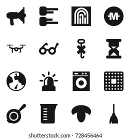 16 vector icon set : loudspeaker, diagram, fingerprint, crypto currency, drone, earth, alarm, washing machine, pan, measuring cup, mushroom, broom