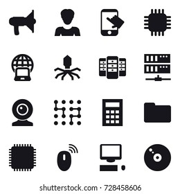16 vector icon set : loudspeaker, woman, touch, chip, notebook globe, virus, server, web cam, calculator