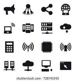 16 vector icon set : loudspeaker, share, notebook globe, notebook wireless, server, cloude service, calculator, wireless