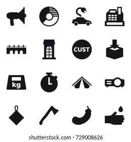 16 vector icon set : loudspeaker, circle diagram, electric car, cashbox, bridge, building, tent, rag, axe, eggplant, hand drop