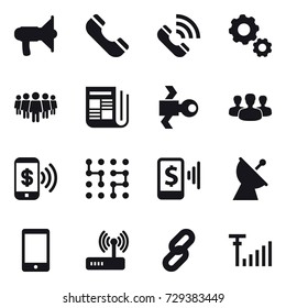 16 vector icon set : loudspeaker, phone, call, gear, team, newspaper, satellite, group, phone pay, chip, mobile pay, satellite antenna
