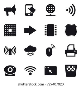 16 vector icon set : loudspeaker, touch, globe connect, wireless, cpu, right arrow, trash bin