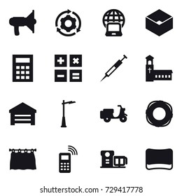 16 vector icon set : loudspeaker, around gear, notebook globe, box, calculator, church, garage, outdoor light, lifebuoy, curtain, sponge