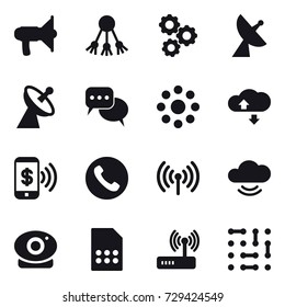 16 vector icon set : loudspeaker, share, gear, satellite antenna, discussion, round around, cloude service, phone pay, phone, wireless