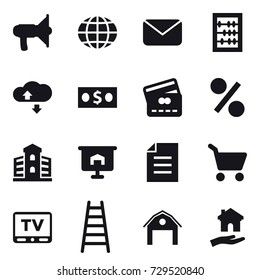 16 vector icon set : loudspeaker, globe, mail, abacus, cloude service, money, credit card, percent, building, presentation, cart, tv, stairs, barn, housing
