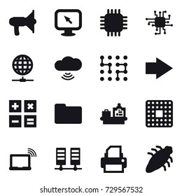 16 vector icon set : loudspeaker, monitor arrow, chip, globe connect, cloud wireless, right arrow, calculator, baggage checking, bug