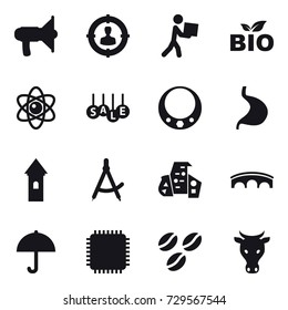 16 vector icon set : loudspeaker, target audience, courier, bio, atom, sale, necklace, tower, draw compass, modern architecture, bridge, coffee seeds, cow