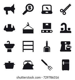 16 vector icon set : loudspeaker, dollar magnifier, notebook, building helmet, water tap, rack, scoop, coffee maker, pan, kettle, big fork