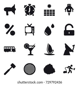 16 vector icon set : loudspeaker, alarm clock, sun power, jet robot, percent, tv, unlock, bus, cocktail, windsurfing, meat hammer, pile of garbage, vacuum cleaner
