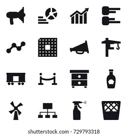 16 vector icon set : loudspeaker, diagram, graph, cpu, tower crane, vip fence, nightstand, windmill, hierarchy, sprayer, trash bin