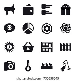 16 vector icon set : loudspeaker, wallet, diagram, gift, money message, around gear, atom, sun power, delete cart, modular house, fence, camera, thermometer, seedling, vacuum cleaner
