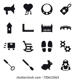 16 vector icon set : loudspeaker, cardio chip, necklace, tower, ruler, gothic architecture, bridge, rocking chair, slippers, whisk, spatula, rabbit, cleaner