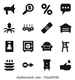 16 vector icon set : loudspeaker, dollar magnifier, percent, message, virus, sale, garage, identity card, safe, armchair, Chair for babies, plate washing, hive, hand drop