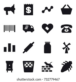 16 vector icon set : loudspeaker, receipt, graph, basket, barcode, delivery, phone, rolling pin, windmill, hive, trash bin, construct garbage, bug