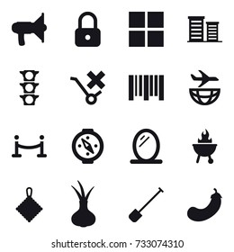 16 vector icon set : loudspeaker, lock, window, district, vip fence, compass, mirror, bbq, rag, shovel, eggplant