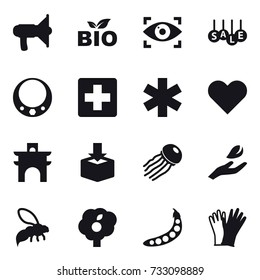 16 vector icon set : loudspeaker, bio, eye identity, sale, necklace, arch, jellyfish, hand leaf, wasp, garden, peas, gloves