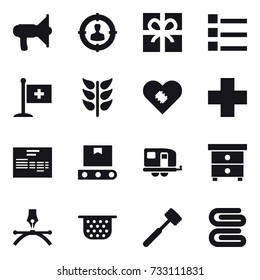 16 vector icon set : loudspeaker, target audience, gift, list, trailer, nightstand, colander, meat hammer, stack of towels