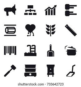 16 vector icon set : loudspeaker, hierarchy, diagram, nanotube, cardio chip, ruler, pool, scoop, steam pan, meat hammer, hive