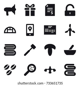 16 vector icon set : loudspeaker, gift, account balance, unlock, greenhouse, towel, meat hammer, mortar, coffee seeds, viruses, hard reach place cleaning, stack of towels