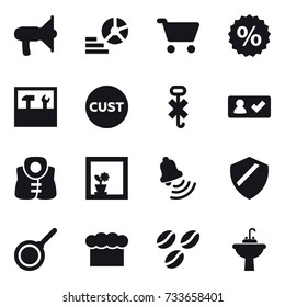 16 vector icon set : loudspeaker, diagram, cart, percent, tools, check in, life vest, flower in window, bell, pan, chef  hat, coffee seeds, water tap sink