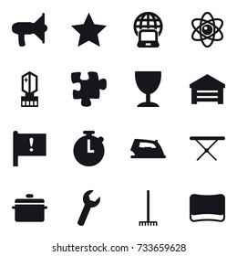 16 vector icon set : loudspeaker, star, notebook globe, atom, crystall  memory, puzzle, wineglass, garage, iron, iron board, pan, rake, sponge