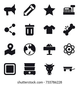 16 vector icon set : loudspeaker, pencil, star, cashbox, molecule, bin, t-shirt, earth, restaurant, cutting board, cow, trailer