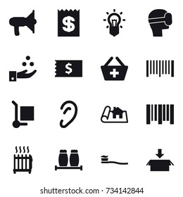 16 vector icon set : loudspeaker, receipt, bulb, virtual mask, chamical industry, add to basket, barcode, cargo stoller, project, radiator, tooth brush, package