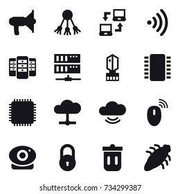 16 vector icon set : loudspeaker, share, notebook connect, wireless, server, crystall  memory, trash bin, bug