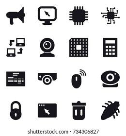 16 vector icon set : loudspeaker, monitor arrow, chip, notebook connect, web cam, cpu, calculator, surveillance camera, trash bin, bug