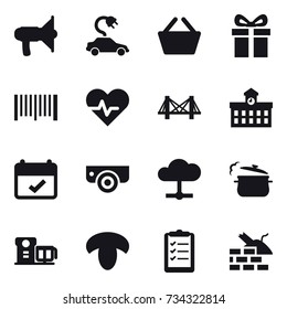 16 vector icon set : loudspeaker, electric car, basket, gift, barcode, bridge, university, surveillance camera, steam pan, mushroom, clipboard list, construct garbage
