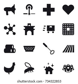 16 vector icon set : loudspeaker, laser, arch, kolander, whisk, field, chicken, wasp, house cleaning, outsource