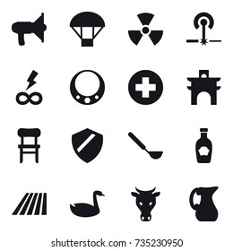 16 vector icon set : loudspeaker, parachute, nuclear, laser, infinity power, necklace, arch, chair, ladle, field, goose, cow, jug