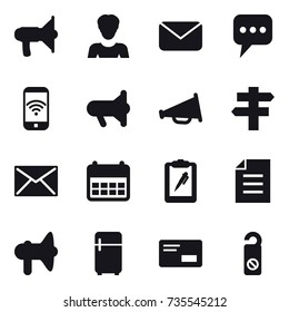 16 vector icon set : loudspeaker, woman, mail, message, phone wireless, megafon, singlepost, fridge, do not distrub