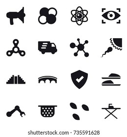 16 vector icon set : loudspeaker, atom core, atom, eye identity, spinner, delivery, pyramid, bridge, slippers, colander, seeds, iron board