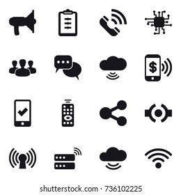 16 vector icon set : loudspeaker, clipboard, call, chip, group, discussion, cloud wireless, phone pay, mobile checking, remote control