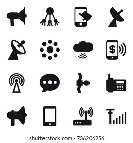 16 vector icon set : loudspeaker, share, touch, satellite antenna, round around, cloud wireless, phone pay, antenna, ballon