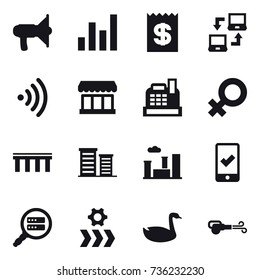 16 vector icon set : loudspeaker, graph, receipt, notebook connect, wireless, market, cashbox, bridge, district, city, mobile checking, goose, blower