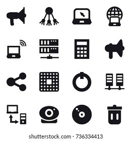16 vector icon set : loudspeaker, share, notebook, notebook globe, notebook wireless, server, calculator, trash bin