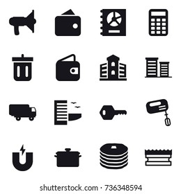 16 vector icon set : loudspeaker, wallet, annual report, calculator, bin, building, district, hotel, key, mixer, pan, sponge