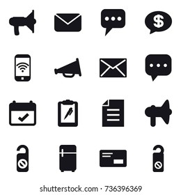 16 vector icon set : loudspeaker, mail, message, money message, phone wireless, do not distrub, fridge
