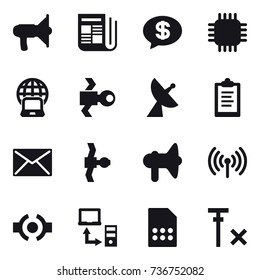 16 vector icon set : loudspeaker, newspaper, money message, chip, notebook globe, satellite, satellite antenna, clipboard, mail, wireless