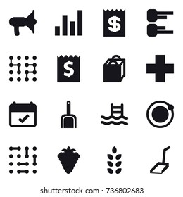 16 vector icon set : loudspeaker, graph, receipt, diagram, chip, shopping bag, scoop, pool, berry, spikelets