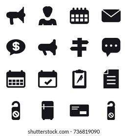 16 vector icon set : loudspeaker, woman, calendar, mail, money message, megafon, singlepost, do not distrub, fridge