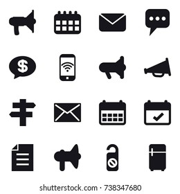 16 vector icon set : loudspeaker, calendar, mail, message, money message, phone wireless, megafon, singlepost, do not distrub, fridge