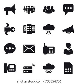 16 vector icon set : loudspeaker, team, group, message, satellite, server, cloud wireless, ballon, mail, intercome