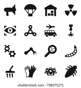 16 vector icon set : loudspeaker, parachute, warehouse, nuclear, eye identity, spinner, transfer, viruses, peas, vacuum cleaner, gloves, outsource, bug