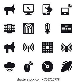 16 vector icon set : loudspeaker, monitor arrow, touch, notebook wireless, server, fingerprint, crystall  memory, wireless, bug