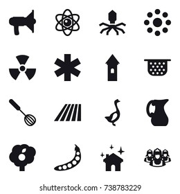 16 vector icon set : loudspeaker, atom, virus, round around, nuclear, tower, colander, whisk, field, goose, jug, garden, peas, house cleaning, outsource