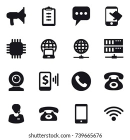 16 vector icon set : loudspeaker, clipboard, message, touch, chip, notebook globe, globe connect, server, web cam, mobile pay, phone