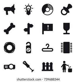 16 vector icon set : loudspeaker, bulb, circle diagram, nipple, lifebuoy, do not distrub, hanger, grain elevator, garbage bin